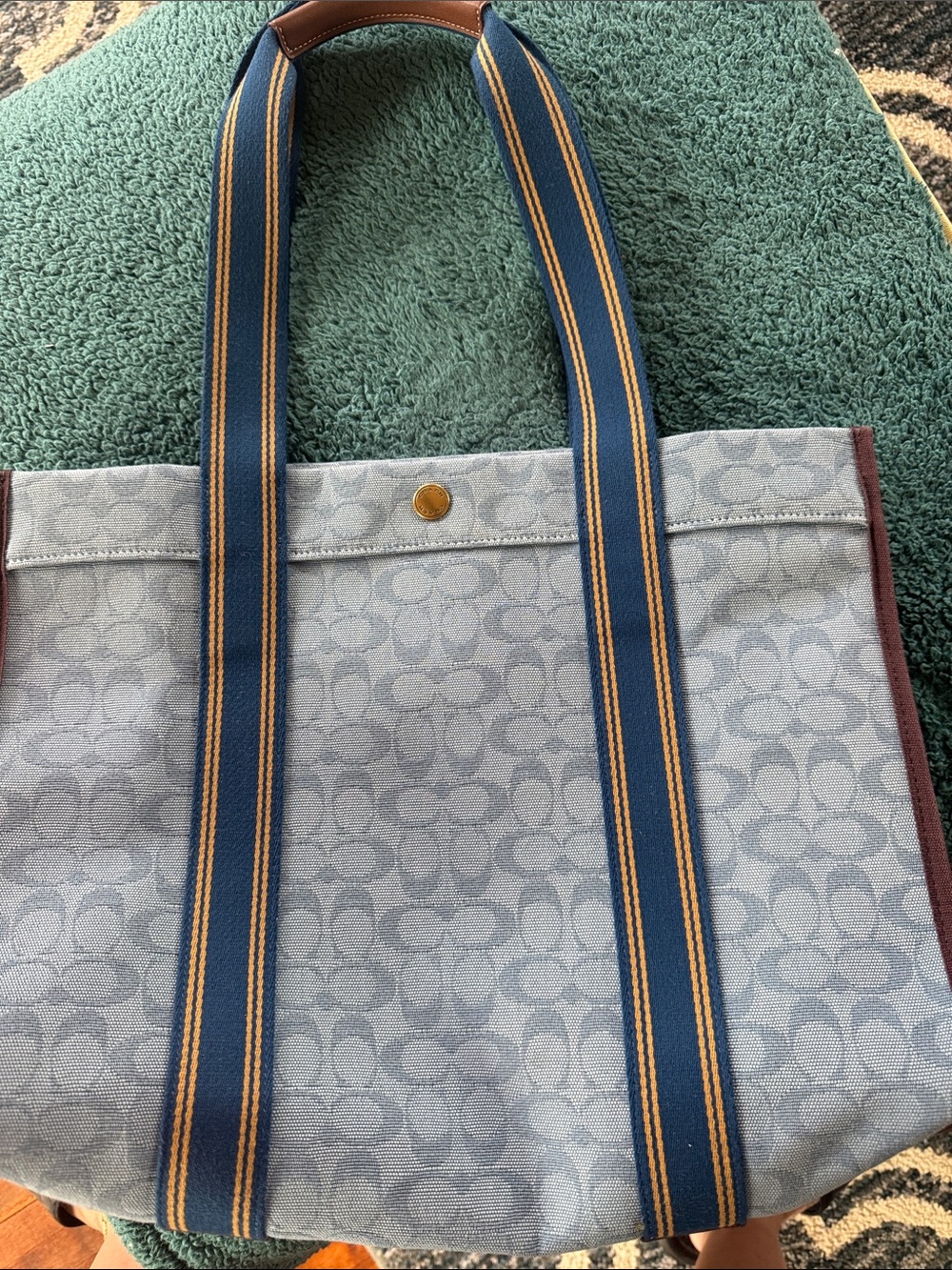 Coach Light Blue Signature Canvas Tote with Navy and Tan Striped Straps